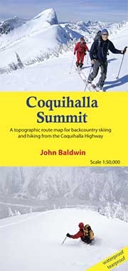 Coquihalla Summit BC - Back country ski and hiking map. Coquihalla Summit describes back country skiing and hiking routes to alpine areas accessible from the Coquihalla Highway 5 in southwestern British Columbia. Routes are marked on a 1:50,000 scale topo