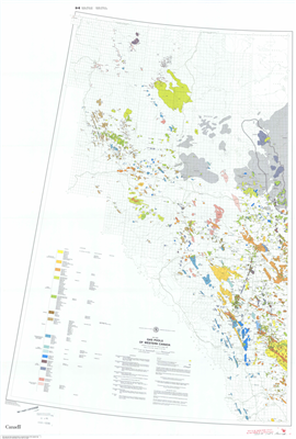 Gas Pools in Western Canada. This map shows all of the gas pools in Western Canada. Current to the early 1980's. Shows the location of known oil pools at the time. Includes details for each stratigraphic interval, ranked by initial and recoverable reserve