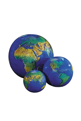 Dark Blue Inflatable Topographical Globe - 12 inches diameter. Inflatable globes are great fun and an excellent way to learn and teach about the world's features. This is a vibrantly colored topographical globe that can captivate viewers of all ages.