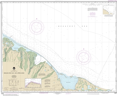 NOAA Chart 16041. Nautical Chart of Demarcation Bay and approaches. NOAA charts portray water depths, coastlines, dangers, aids to navigation, landmarks, bottom characteristics and other features, as well as regulatory, tide, and other information. They c