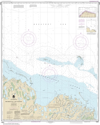 NOAA Chart 16061. Nautical Chart of Prudhoe Bay and vicinity. NOAA charts portray water depths, coastlines, dangers, aids to navigation, landmarks, bottom characteristics and other features, as well as regulatory, tide, and other information. They contain