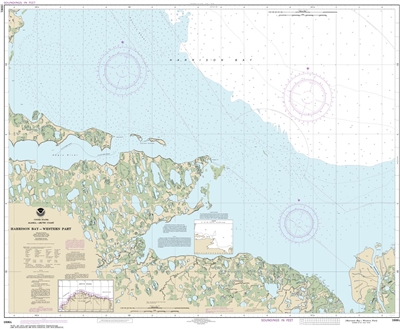 NOAA Chart 16063. Nautical Chart of Harrison Bay - western part. NOAA charts portray water depths, coastlines, dangers, aids to navigation, landmarks, bottom characteristics and other features, as well as regulatory, tide, and other information. They cont