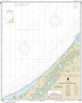 NOAA Chart 16086. Nautical Chart of Nakotlek Point to Wainwright Inlet. NOAA charts portray water depths, coastlines, dangers, aids to navigation, landmarks, bottom characteristics and other features, as well as regulatory, tide, and other information. Th