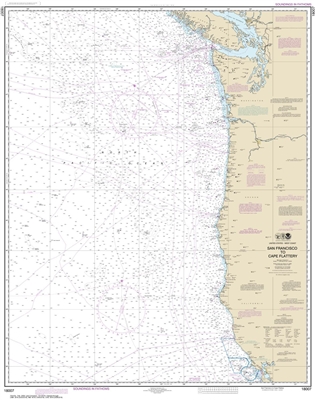 NOAA Chart 18007. Nautical Chart of San Francisco to Cape Flattery. NOAA charts portray water depths, coastlines, dangers, aids to navigation, landmarks, bottom characteristics and other features, as well as regulatory, tide, and other information. They c
