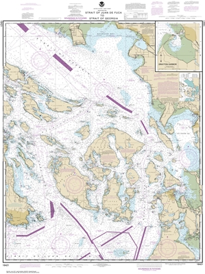 NOAA Chart 18421. Nautical Chart of the Strait of Georgia and Strait of Georgia - Drayton Harbor. NOAA charts portray water depths, coastlines, dangers, aids to navigation, landmarks, bottom characteristics and other features, as well as regulatory, tide