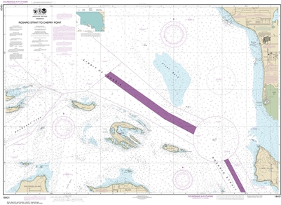 NOAA Chart 18431. Nautical Chart of Rosario Strait to Cherry Point. NOAA charts portray water depths, coastlines, dangers, aids to navigation, landmarks, bottom characteristics and other features, as well as regulatory, tide, and other information. They c