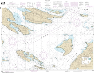 NOAA Chart 18432. Nautical Chart of Boundary Pass. NOAA charts portray water depths, coastlines, dangers, aids to navigation, landmarks, bottom characteristics and other features, as well as regulatory, tide, and other information. They contain all critic