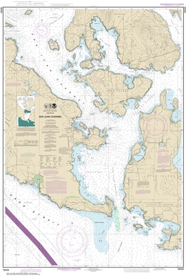 NOAA Chart 18434. Nautical Chart of San Juan Channel. NOAA charts portray water depths, coastlines, dangers, aids to navigation, landmarks, bottom characteristics and other features, as well as regulatory, tide, and other information. They contain all cri