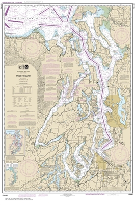 NOAA Chart 18440. Nautical Chart of the Puget Sound. NOAA charts portray water depths, coastlines, dangers, aids to navigation, landmarks, bottom characteristics and other features, as well as regulatory, tide, and other information. They contain all