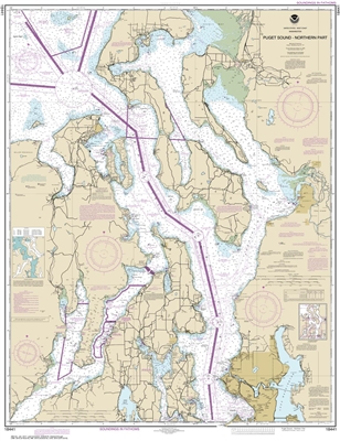 NOAA Chart 18441. Puget Sound - Northern Part Nautical Chart. NOAA charts portray water depths, coastlines, dangers, aids to navigation, landmarks, bottom characteristics and other features, as well as regulatory, tide, and other information. They contain