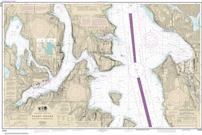 NOAA Chart 18449. Nautical Chart of Puget Sound - Seattle to Bremerton. NOAA charts portray water depths, coastlines, dangers, aids to navigation, landmarks, bottom characteristics and other features, as well as regulatory, tide, and other information. Th