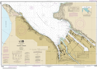 NOAA Chart 18453. Nautical Chart of Tacoma Harbor. NOAA charts portray water depths, coastlines, dangers, aids to navigation, landmarks, bottom characteristics and other features, as well as regulatory, tide, and other information. They contain all critic