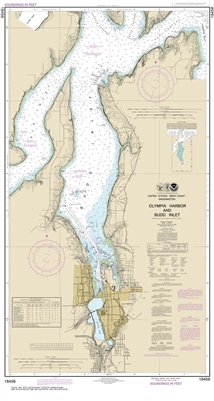 NOAA Chart 18456. Nautical Chart of Olympia Harbor and Budd Inlet. NOAA charts portray water depths, coastlines, dangers, aids to navigation, landmarks, bottom characteristics and other features, as well as regulatory, tide, and other information. They co
