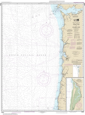 NOAA Chart 18520. Nautical Chart of Yaquina Head to Columbia River. Also includes Netarts Bay. NOAA charts portray water depths, coastlines, dangers, aids to navigation, landmarks, bottom characteristics and other features, as well as regulatory, tide, an