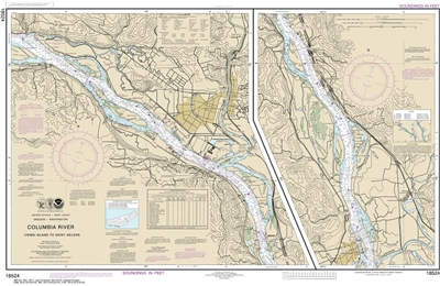 NOAA Chart 18524. Nautical Chart of Columbia River Crims Island to Saint Helens. NOAA charts portray water depths, coastlines, dangers, aids to navigation, landmarks, bottom characteristics and other features, as well as regulatory, tide, and other inform