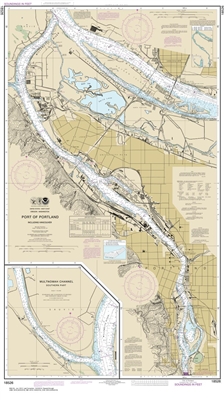 NOAA Chart 18526. Nautical Chart of Port of Portland including Vancouver. Also includes Multnomah Channel - Southern Part. NOAA charts portray water depths, coastlines, dangers, aids to navigation, landmarks, bottom characteristics and other features, as