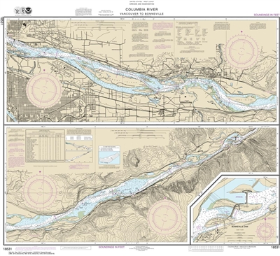 NOAA Chart 18531. Nautical Chart of Columbia River Vancouver to Bonneville, Bonneville Dam. NOAA charts portray water depths, coastlines, dangers, aids to navigation, landmarks, bottom characteristics and other features, as well as regulatory, tide, and