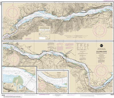 NOAA Chart 18532. Nautical Chart of Columbia River Bonneville to the Dalles & Hood River. NOAA charts portray water depths, coastlines, dangers, aids to navigation, landmarks, bottom characteristics and other features, as well as regulatory, tide, and oth