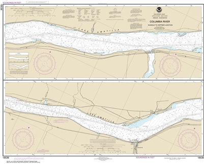 NOAA Chart 18536. Nautical Chart of Columbia River - Sundale to Heppner Junction. NOAA charts portray water depths, coastlines, dangers, aids to navigation, landmarks, bottom characteristics and other features, as well as regulatory, tide, and other infor