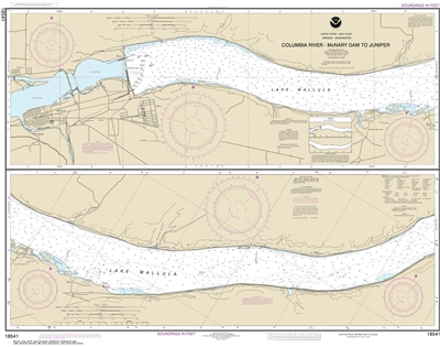 NOAA Chart 18541. Nautical Chart of Columbia River - McNary Dam to Juniper. NOAA charts portray water depths, coastlines, dangers, aids to navigation, landmarks, bottom characteristics and other features, as well as regulatory, tide, and other information