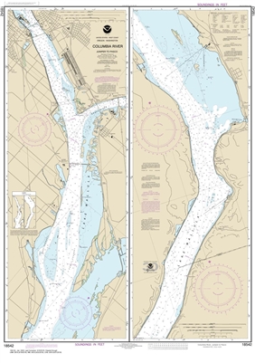 NOAA Chart 18542. Nautical Chart of Columbia River - Juniper to Pasco. NOAA charts portray water depths, coastlines, dangers, aids to navigation, landmarks, bottom characteristics and other features, as well as regulatory, tide, and other information. The