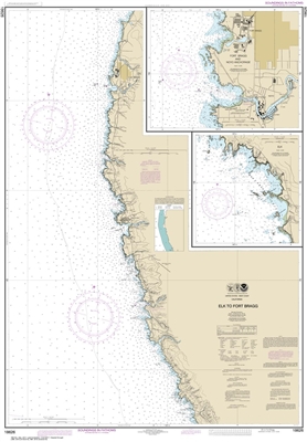 NOAA Chart 18626. Nautical Chart of Elk to Fort Bragg. Includes details of Fort Bragg and Noyo Anchorage, and Elk. NOAA charts portray water depths, coastlines, dangers, aids to navigation, landmarks, bottom characteristics and other features, as well as