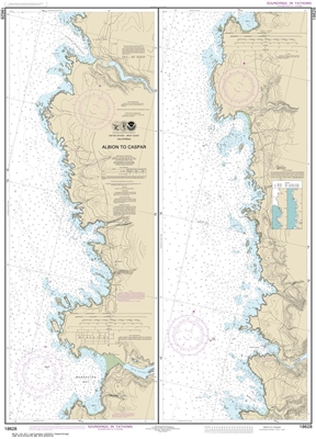 NOAA Chart 18628. Nautical Chart of Albion to Caspar. NOAA charts portray water depths, coastlines, dangers, aids to navigation, landmarks, bottom characteristics and other features, as well as regulatory, tide, and other information. They contain all cri