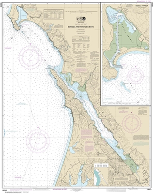 NOAA Chart 18643. Nautical Chart of Bodega and Tomales Bays. Includes Bodega Harbor. NOAA charts portray water depths, coastlines, dangers, aids to navigation, landmarks, bottom characteristics and other features, as well as regulatory, tide, and other in