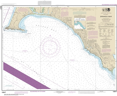 NOAA Chart 18647. Nautical Chart of Drakes Bay. NOAA charts portray water depths, coastlines, dangers, aids to navigation, landmarks, bottom characteristics and other features, as well as regulatory, tide, and other information. They contain all critical