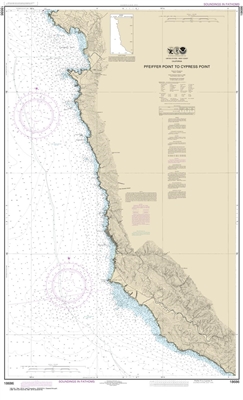 NOAA Chart 18686. Nautical Chart of Pfeiffer Point to Cypress Point. NOAA charts portray water depths, coastlines, dangers, aids to navigation, landmarks, bottom characteristics and other features, as well as regulatory, tide, and other information. They