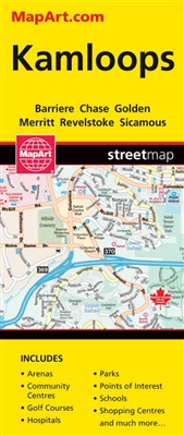 Kamloops Golden & Revelstoke BC road map. Coverage includes 100 Mile House, Ashcroft, Barriere, Chase, Golden, Kamloops, Logan Lake, Merritt, Revelstoke, Salmon Arm, Sicamous. Features include: Regional map Parks Golf courses Points of interest Arena's Sc