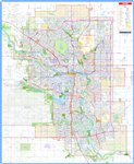 Calgary Detailed Wall Map. New detailed base map of Calgary and the surrounding region. Easy to read primary and secondary roads and streets, future roads including the new Stoney Trail in the SW, railroads, bridges and overpasses. Current and proposed LR