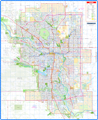 Calgary Detailed Wall Map. New detailed base map of Calgary and the surrounding region. Easy to read primary and secondary roads and streets, future roads including the new Stoney Trail in the SW, railroads, bridges and overpasses. Current and proposed LR