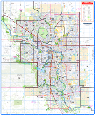Calgary Detailed Postal Codes Wall Map. This detailed base map of Calgary and the surrounding region with the FSA or Forward Sortation Areas, meaning the first three digits of the postal code. This map is easy to read and shows primary and secondary roads