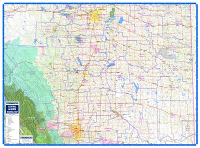 Central Alberta Regional Wall Map. This regional road map of Central Alberta is a current map with parks, places (cities, towns, villages and hamlets), highways, major roads, township and range roads, First Nations and Metis Settlements, Counties, MD's (
