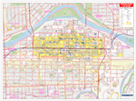Calgary Downtown & Beltline Wall Map. Includes easy-to-read roads, named buildings and historical sites, the Plus 15 network, LRT lines and stations, zoning, schools, attractions, emergency facilities, parks and trails, libraries, city hall, Canadas Natio