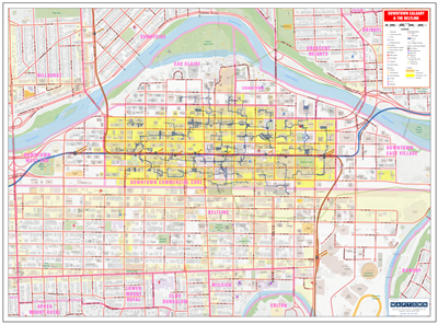 Calgary Downtown & Beltline Wall Map. Includes easy-to-read roads, named buildings and historical sites, the Plus 15 network, LRT lines and stations, zoning, schools, attractions, emergency facilities, parks and trails, libraries, city hall, Canadas Natio