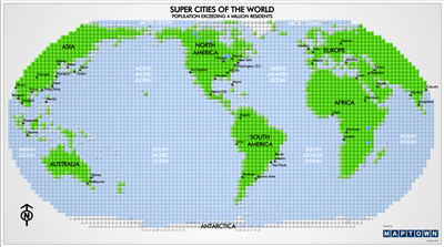 Super Cities of the World - Map Blocks. Did you enjoy playing with Lego or Mega Blocks as a kid? This world map is a exciting take of that concept using map blocks to compile this new map. It shows all super cities of the world with a population exceeding