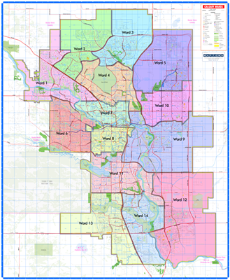 Calgary Municipal Wards Election Wall Map. Running in the October 2021 Calgary Municipal Election? This map shows the most recent 14 Ward boundaries, with each ward in a different color. If you need detailed Ward maps for Calgary, or any other city p