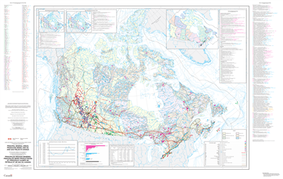 Canada Mines Minerals and Oil & Gas Map. his map shows the principal mineral area, producing mines and oil and gas fields throughout all of Canada. Shows the location of commodities such as gold, copper, coal, nickel, lithium, uranium, zinc and many other