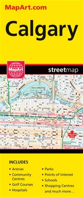 Calgary Alberta Travel Road map. A must have for anyone travelling in Calgary. Includes communities, detailed roads, an inset of downtown, points of interest, parks, schools, golf courses, hospitals, shopping centers and more. Folded maps have been the t
