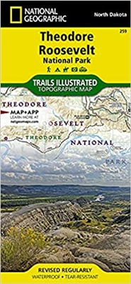 Theodore Roosevelt National Park Hiking Map - North Dakota. Map features in the South Unit include Ridgeline Nature Trail, Coal Vein Nature Trail, Buck Hill Trail, Wind Canyo Trail, Jones Creek Trail, Paddock Creek Trail, Talkington Trail, and the Petrifi