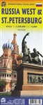 Russia West & St. Petersburg Travel Map. The regional map stretches from the Arctic to the Caspian Sea and from the Belarus border to the technical beginning of Siberia, at Yekaterinburg. The side with the regional map also has an inset map of Moscow. The