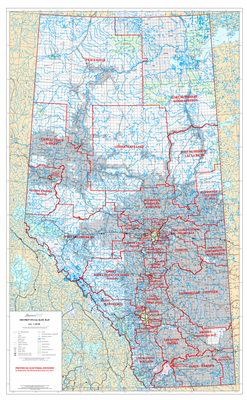 Alberta Electoral Divisions Wall Map 1:1,000,000. This current map of Alberta shows the Provincial Electoral Divisions, as defined by the Electoral Divisions Act 2017. Includes primary and secondary paved and unpaved highways, Railroads, Lakes, Rivers, Ci