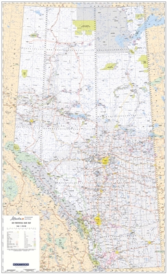 Alberta Provincial Base Wall Map 1:750,000. This map shows Primary and Secondary Highways - both paved and unpaved, Railroads, Lakes, Rivers, Cities, Towns, Villages, Airports, Provincial - National and Wildland Parks, Forest Reserves, First Nations and M