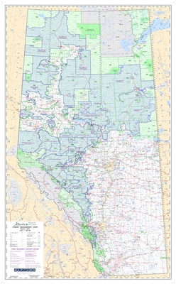 Alberta Forest Management Units Wall Map 1:1,000,000. This base map also depicts all FMA, or Forest Management Agreement holders. The map also shows primary and secondary highways, rivers, lakes, and other waterways, cities, towns, villages, airports, pol