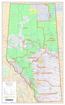 Alberta Provincial Base Map ESRD Green Areas. This map shows primary and secondary highways, rivers, lakes, and other waterways, cities, towns, villages, airports, political boundaries, DLS townships, sections and meridians, latitude and longitude grids.