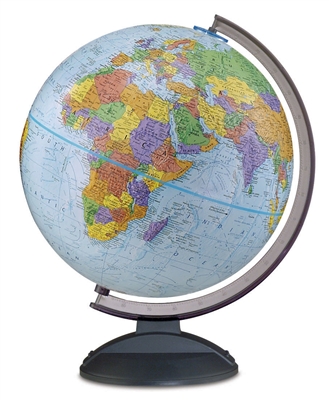 World Globe - Traveler 12 inch REPLOGLE. Light weight and durable, this 12 inch diameter blue-ocean globe has raised relief and is a great resource for elementary, middle, high school students. The smoked black plastic base and meridian are scratch resist