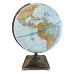 WORLD GLOBE - ZURICH CANVAS 12" GLOBE.  This globe is both unique and beautiful. This decorative world globe features a sturdy die-cast pewter colored square base that has ornate trimming at the top and bottom of the base. The numbered pewter colored die-