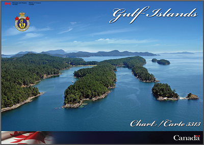3313 Gulf Islands and Adjacent Waterways Nautical chart book. Spiralbound chartbook covering the Canadian Gulf Islands, includiing Boundary Pass, Haro Strait, the southern Strait of Georgia, Saltspring Island, Galiano Island, Victoria Harbor, Saanich Inle
